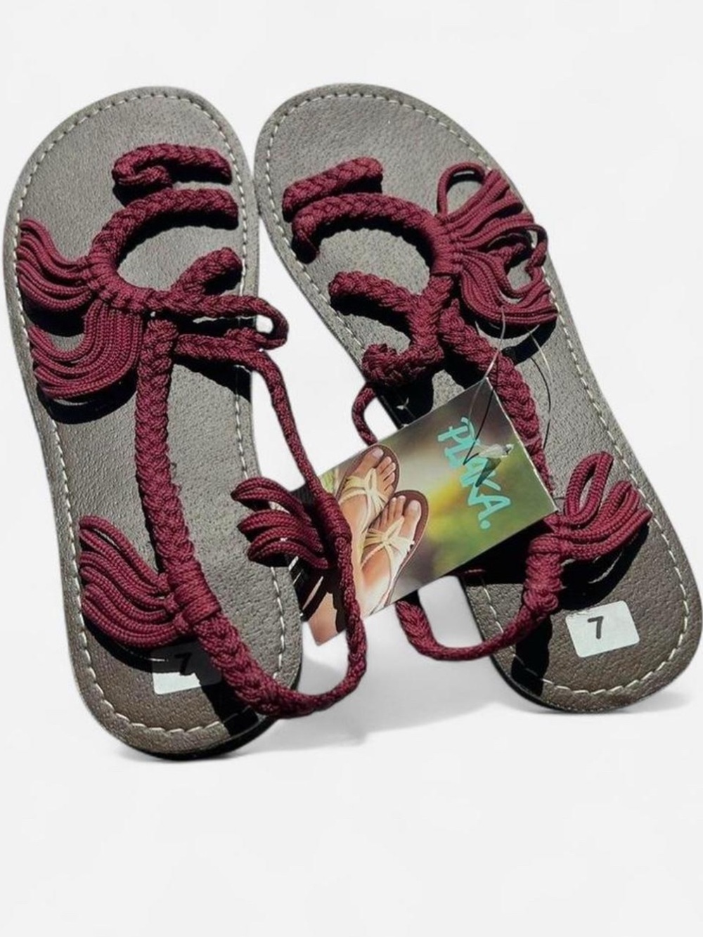 NWT Plaka Palm Leaf Flat Woven Rope Sandals - Sangria - Size 7